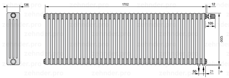 Схема (чертеж) Радиатор Zehnder Charleston 4120/37 №V002 Белый глянцевый RAL 9016